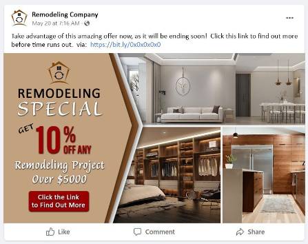 social offer post, 10% off remodeling project over $5000