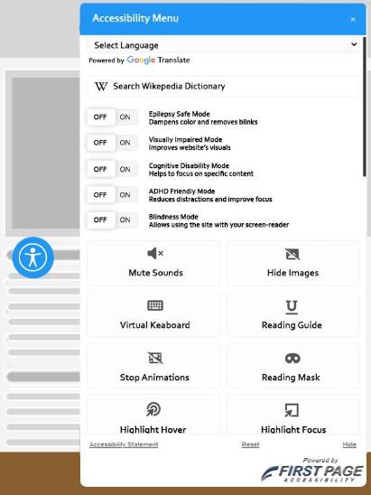 ADA accessibility popup widget, showing some features, for remodeling website.