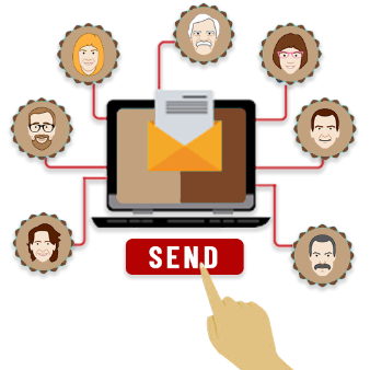 finger clicking on red button to send an email broadcast to remodeling customers.