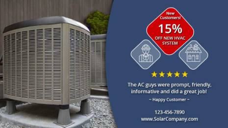 hvac services social media cover with 15% discount offer and a 5 star customer review.