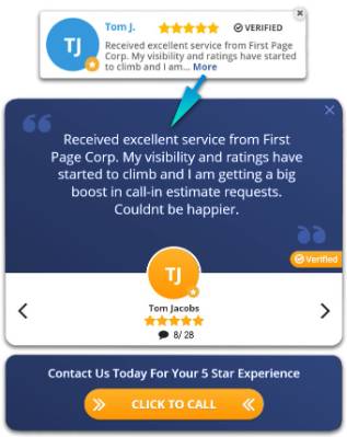 five star customer review popup widget for home services website.
