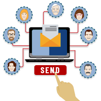 finger clicking on red button to send an email broadcast to home service customers.