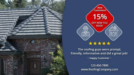 roofing social media cover with 15% discount offer and a 5 star customer review.